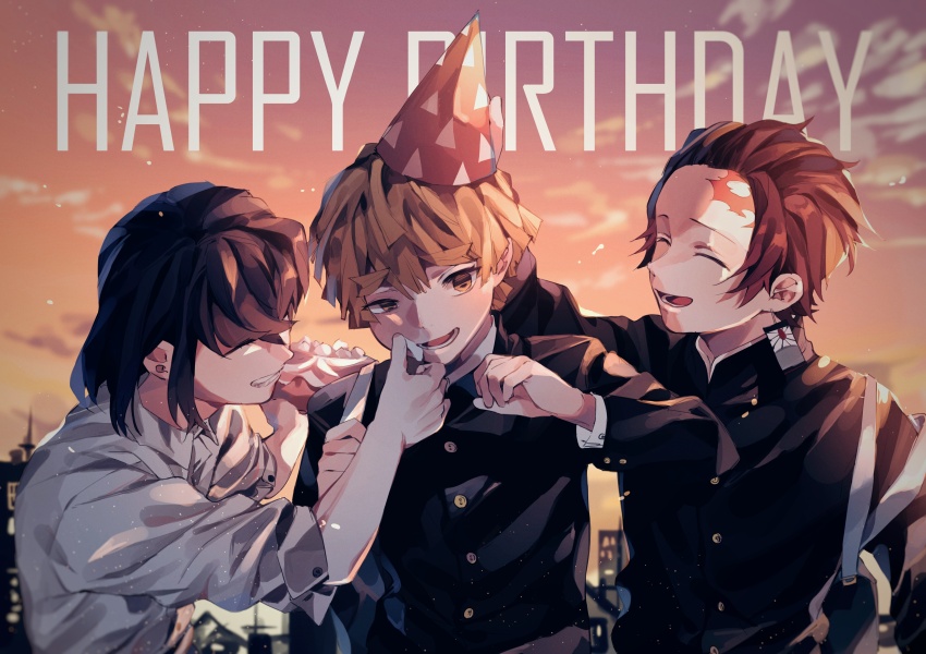 3boys absurdres agatsuma_zenitsu alternate_costume amo_(amo_0514) arm_up bag black_hair black_jacket blonde_hair blurry blurry_background brown_hair buttons cake closed_eyes cloud collared_shirt commentary_request contemporary dusk earrings facial_mark facing_another food food_on_face forehead_mark gakuran grin hanafuda_earrings hand_on_another&#039;s_face hand_up happy_birthday hashibira_inosuke hat head_tilt highres holding holding_cake holding_food jacket jewelry kamado_tanjirou kimetsu_no_yaiba kishimen_hair light_particles long_sleeves lower_teeth_only male_focus mandarin_collar multiple_boys open_mouth orange_eyes party_hat pink_hat school_bag school_uniform shirt short_hair shoulder_bag sidelocks sleeves_rolled_up smile teeth thick_eyebrows tilted_headwear triangle_print turning_head upper_body white_shirt