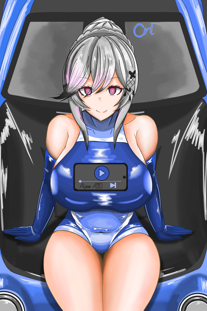 1girl absurdres alpine_a110 azur_lane bare_shoulders blue_gloves braid breasts butterfly_hair_ornament car carbon_fiber cellphone crallylystia crown_braid dunkerque_(azur_lane) gloves grey_hair hair_ornament highres large_breasts long_hair looking_at_viewer motor_vehicle multicolored_hair on_car phone pink_eyes ponytail race_queen self-upload sitting smartphone smile solo tawawa_challenge thick_thighs thighs