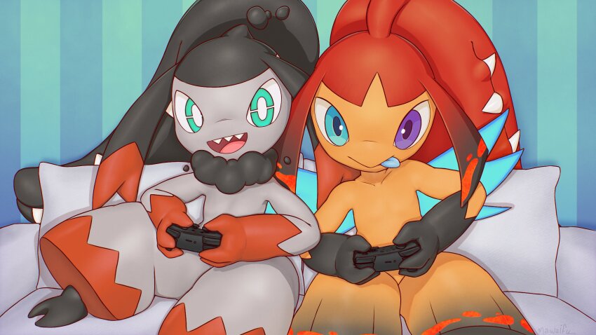 2girls :&gt; absurdres alternate_color alternate_shiny_pokemon aqua_eyes big_hair black_hair black_skin blue_eyes blue_wings closed_mouth collarbone colored_skin commission controller couch cushion extra_mouth feet female_focus flat_chest game_controller gen_3_pokemon gradient_hair grey_skin happy heterochromia highres holding holding_controller holding_game_controller indoors licking_lips long_hair mawaifu mawile multicolored_hair multicolored_skin multiple_girls nintendo nintendo_switch_pro_controller on_couch open_mouth orange_skin pokemon pokemon_(creature) purple_eyes red_hair red_skin sharp_teeth sidelocks sitting smile spread_legs teeth thick_thighs thighs tongue tongue_out two-tone_hair two-tone_skin very_long_hair wings