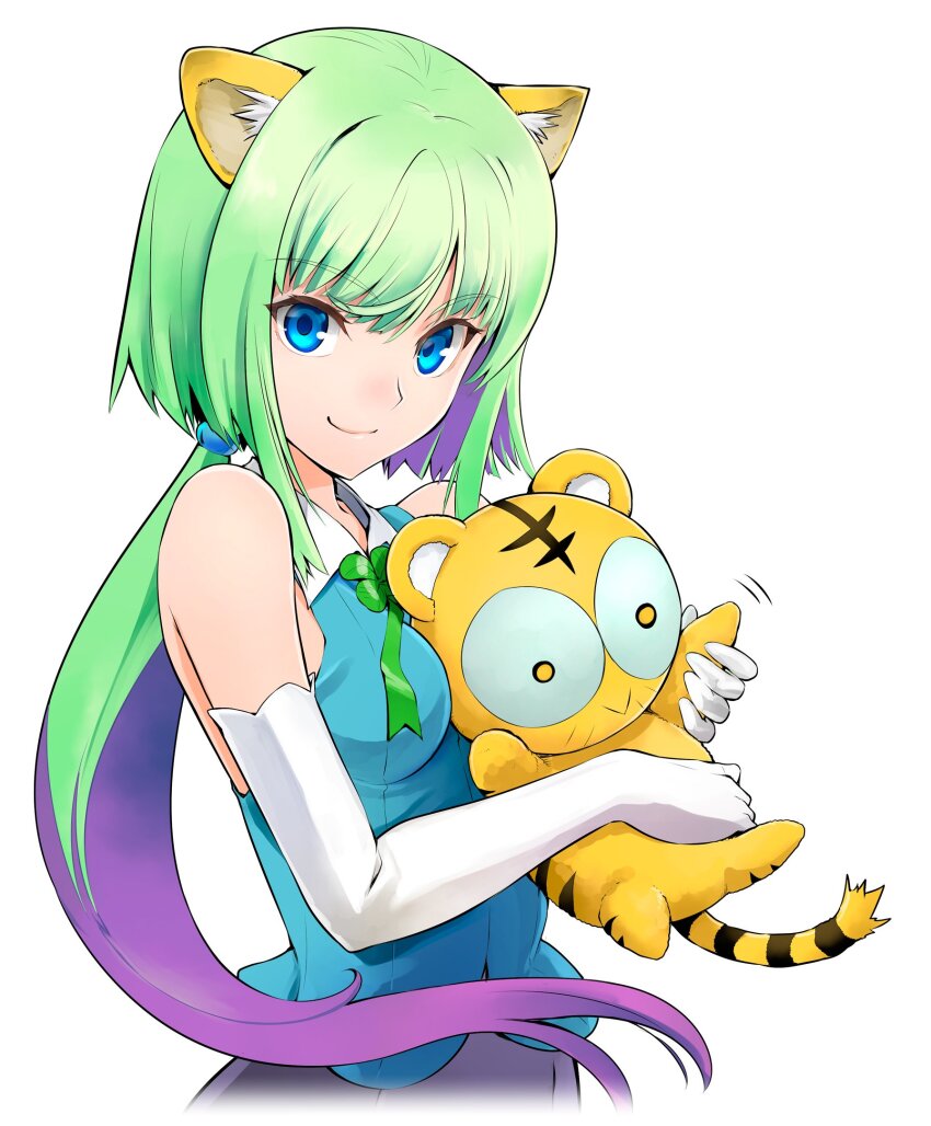 1girl animal_ears between_breasts blue_eyes blue_shirt breasts cat_ears character_doll colored_inner_hair commentary_request doll elbow_gloves gloves green_hair highres holding holding_stuffed_toy kuromimi_kotora multicolored_hair original ponytail purple_hair shirotsumekusa shirt sleeveless sleeveless_shirt small_breasts smile solo stuffed_toy toranoana two-tone_hair upper_body white_gloves