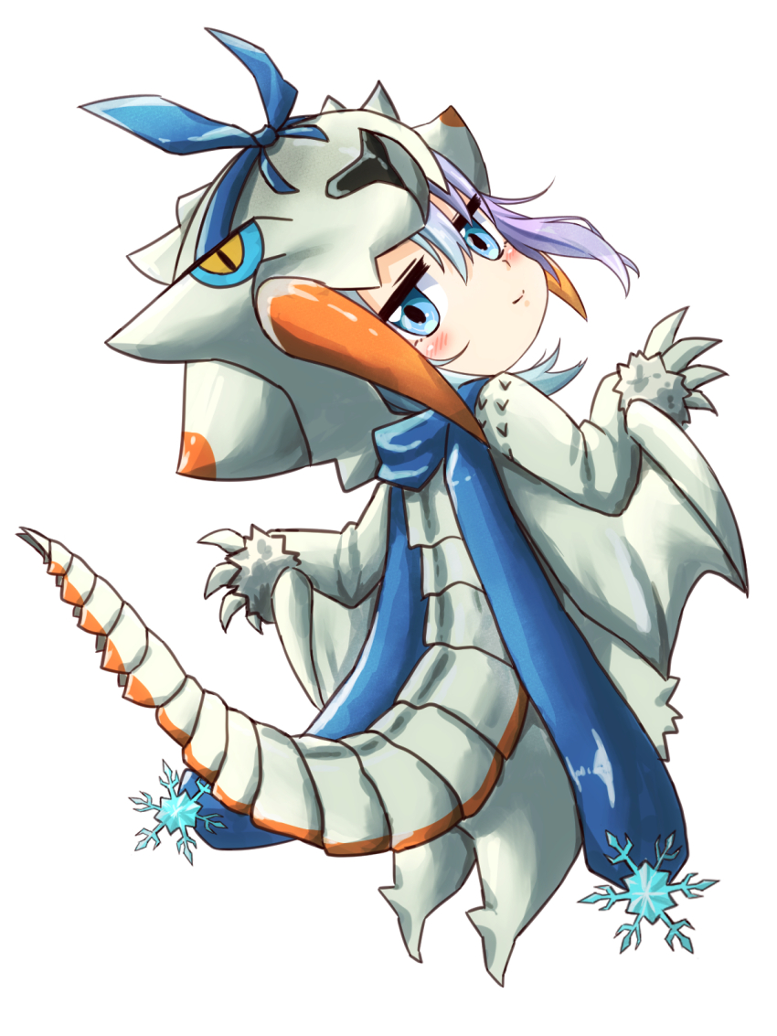 barioth blue_eyes blue_hair blue_hairband blue_scarf blue_sclera bow_hairband chibi claws closed_mouth colored_sclera commentary_request cosplay dragon dragon_tail fangs full_body hairband hakuyan8989 highres kousetsu_samonji_(tenka_hyakken) light_blue_hair long_hair looking_at_viewer looking_back monster_hunter_(series) scarf sidelocks smile snowflake_brooch tail tenka_hyakken white_background wings wyvern yellow_pupils