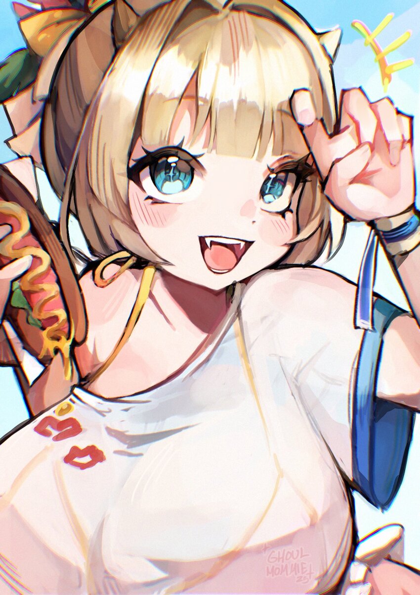 1girl adjusting_hair bikini bikini_visible_through_clothes blonde_hair blue_eyes blush breasts brown_dust_(series) brown_dust_2 cross-shaped_pupils demon_horns eyebrows_hidden_by_hair fangs food ghoulmommie hair_intakes hair_ornament highres holding holding_food horns hot_dog huge_breasts justia_(brown_dust) justia_(pool_party)_(brown_dust) lipstick_mark looking_at_viewer notice_lines open_mouth shirt signature small_horns smile solo swimsuit symbol-shaped_pupils teeth upper_body white_bikini white_shirt