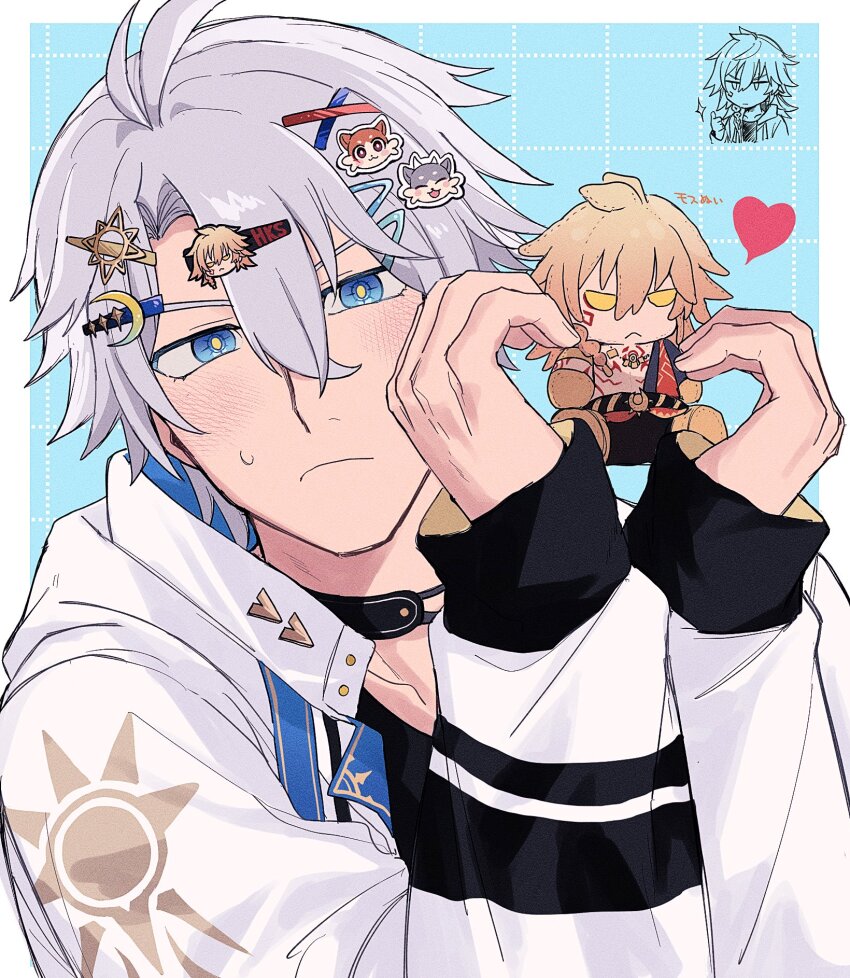 2boys antenna_hair black_choker black_shirt blue_background blue_eyes blush border character_doll chibi chimera_(honkai:_star_rail) choker commentary_request grid_background hair_between_eyes hair_ornament hairpin heart heart_hands highres honkai:_star_rail honkai_(series) jacket kbutstrhy looking_at_viewer male_focus multiple_boys mydei_(honkai:_star_rail) open_clothes open_jacket phainon_(honkai:_star_rail) shirt short_hair sun_print sweatdrop white_border white_hair white_jacket yaoi