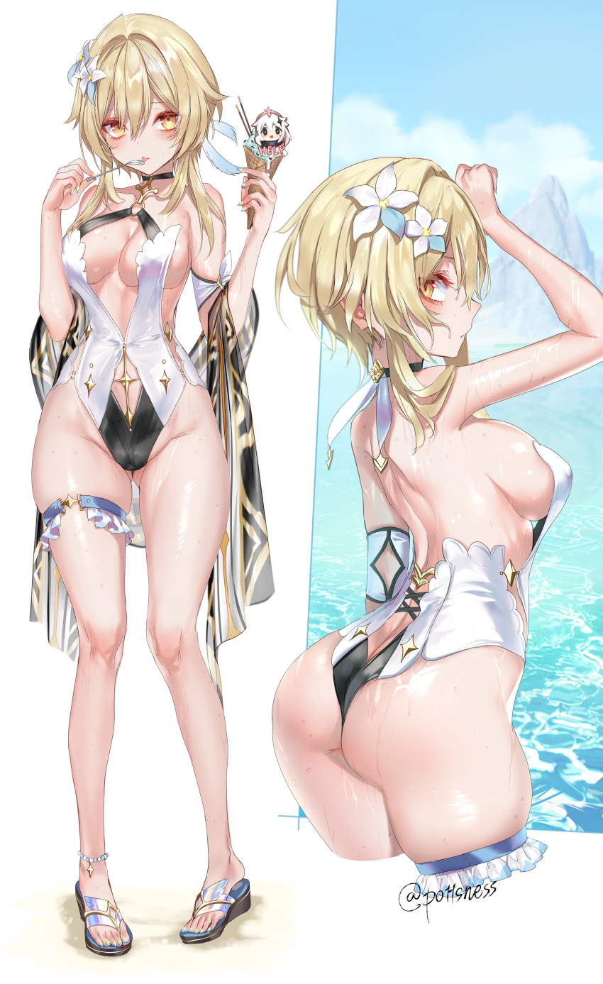 1girl absurdres aegyo_sal anklet ass ass_focus bad_anatomy beads blonde_hair blush bracelet breasts butt_crack cloud english_text flower food genshin_impact hair_between_eyes highres holding holding_spoon ice_cream ice_cream_cone jewelry lumine_(genshin_impact) medium_breasts mountain multiple_views nail_polish o-ring o-ring_swimsuit one-piece_swimsuit paimon_(genshin_impact) pottsness sandals skindentation sky spoon swimsuit thigh_strap thighs tongue twitter_username water wet white_flower yellow_eyes