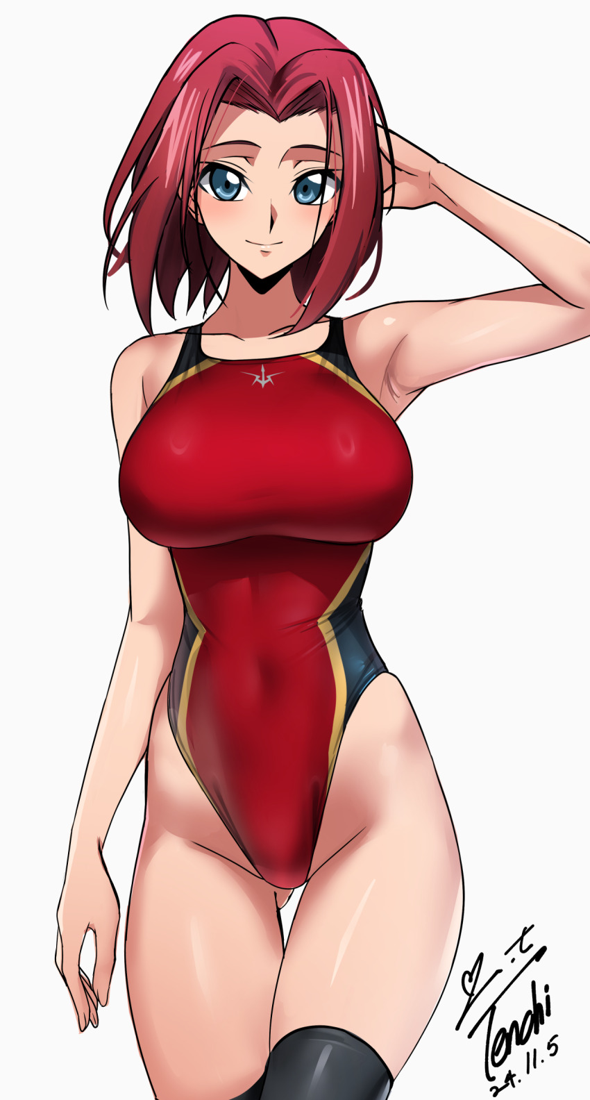 1girl arm_behind_head ass bare_shoulders black_thighhighs blue_eyes breasts code_geass collarbone dated female_focus gluteal_fold highres kouzuki_kallen large_breasts light_blush looking_at_viewer red_hair simple_background skindentation smile standing swimsuit thighhighs thighs white_background yoo_tenchi