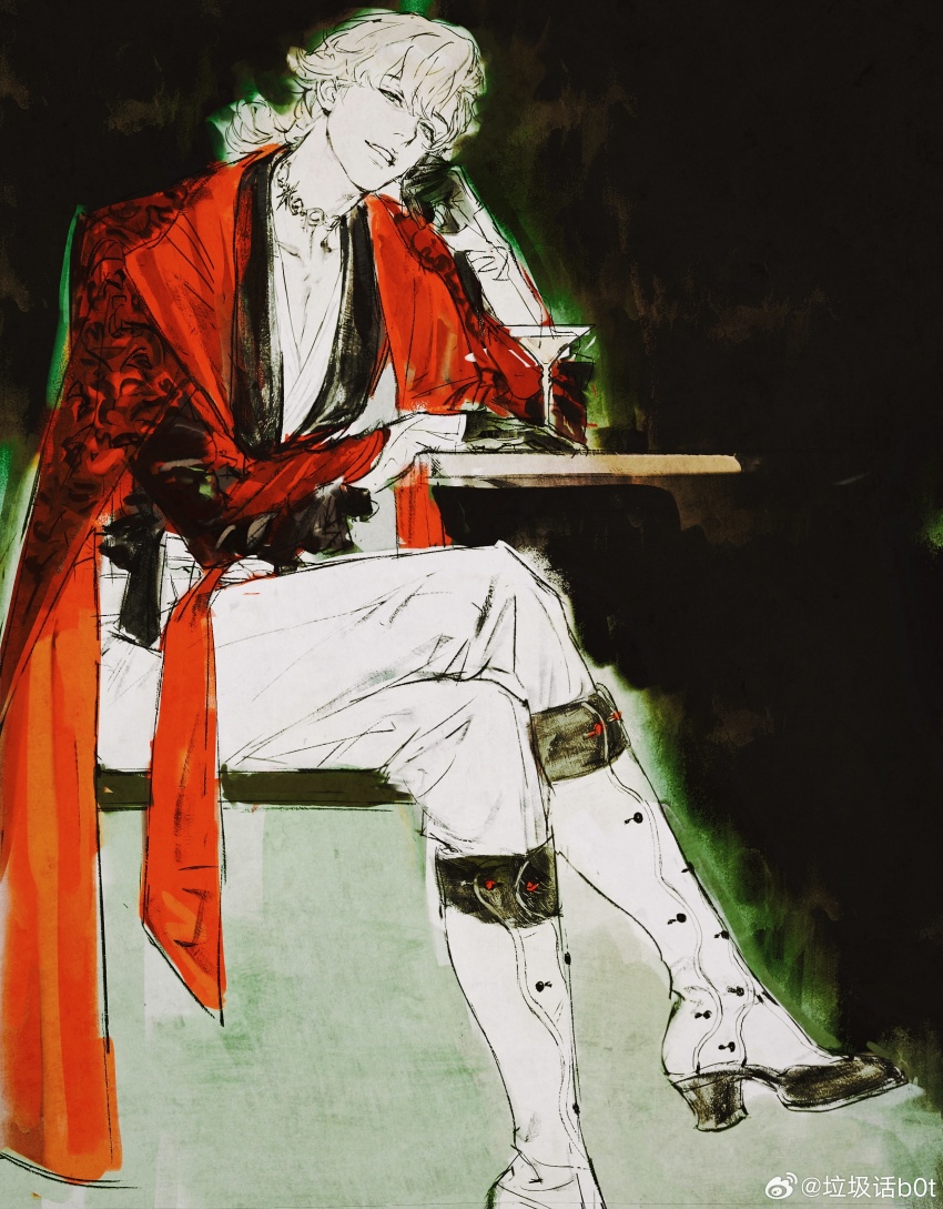 1boy absurdres barnaby_brooks_jr. black_gloves blonde_hair boots cocktail_glass creamyghost cup drinking_glass elbow_rest gloves head_rest head_tilt high_heel_boots high_heels highres looking_at_viewer male_focus pants red_shirt shirt sitting solo table tiger_&amp;_bunny watermark weibo_watermark white_pants