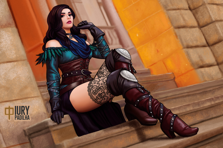1girl armored_boots artist_logo bare_shoulders belt black_belt black_gloves black_hair blue_scarf blue_shirt boots brown_belt brown_corset brown_footwear collar corset feathers fishnet_thighhighs fishnets from_below gloves green_feathers high_heel_boots high_heels iury_padilha knee_armor lipstick logo long_hair makeup mole mole_under_mouth purple_eyes scarf shirt sitting sitting_on_stairs stairs the_witcher_(series) the_witcher_3 thighhighs underbust wavy_hair yennefer_of_vengerberg