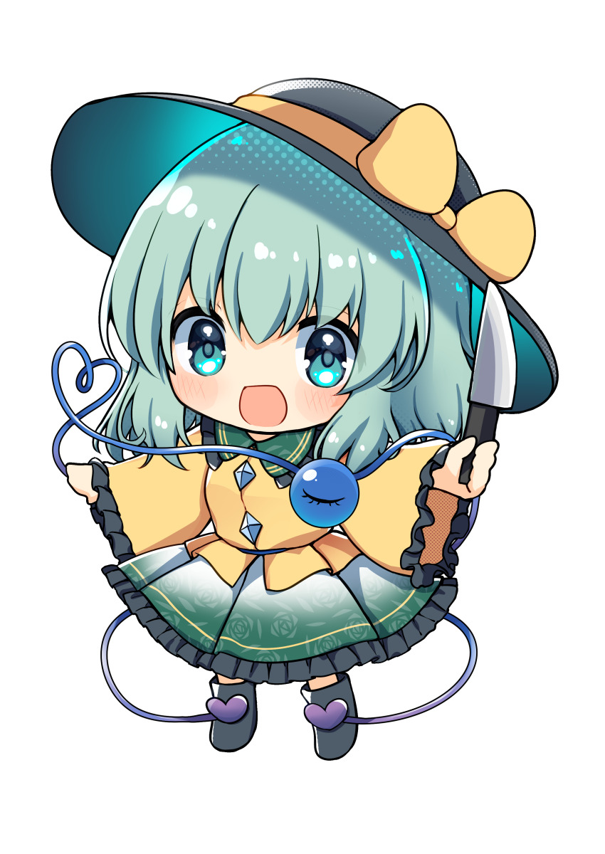 1girl absurdres black_boots black_hat blush boots buttons collared_shirt diamond_button frilled_shirt_collar frilled_skirt frilled_sleeves frills full_body green_eyes green_hair green_skirt hat hat_ribbon heart heart-shaped_pupils highres holding holding_knife knife komeiji_koishi long_sleeves looking_at_viewer medium_hair open_mouth rapameri ribbon shirt simple_background skirt smile solo symbol-shaped_pupils third_eye touhou white_background wide_sleeves yellow_ribbon