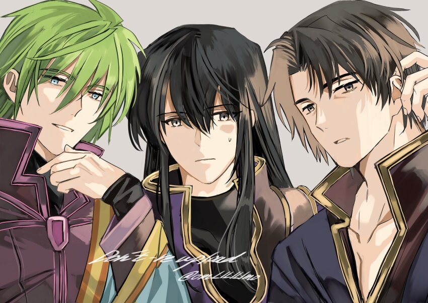 3boys black_hair brown_hair commentary_request fire_emblem fire_emblem:_genealogy_of_the_holy_war fire_emblem:_path_of_radiance fire_emblem:_the_binding_blade green_hair highres karel_(fire_emblem) long_hair male_focus multiple_boys nintendo omlililimo parted_lips shannan_(fire_emblem) short_hair simple_background stefan_(fire_emblem) twitter_username upper_body