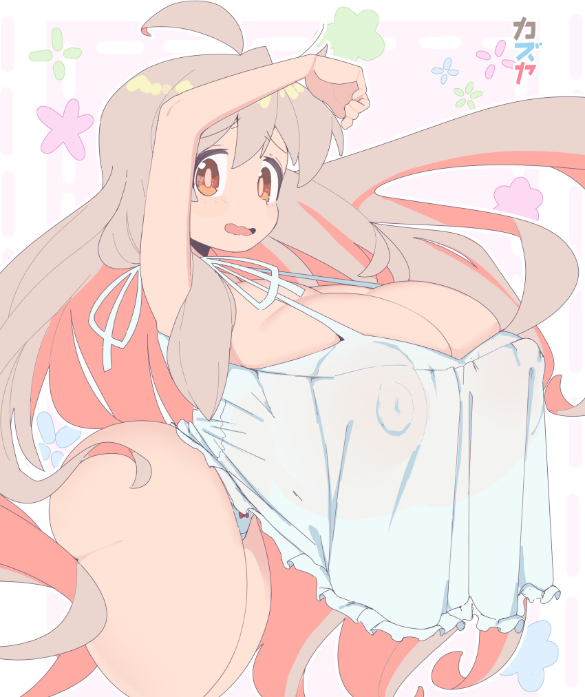 absurdres ahoge alternate_breast_size arm_up ass bare_shoulders breasts brown_eyes cleavage crop_top crop_top_overhang eyes_visible_through_hair floral_background from_side gigantic_breasts hair_between_eyes highres huge_nipples light_blush long_hair nervous_smile nose onii-chan_wa_oshimai! open_mouth oyama_mahiro panties pink_hair smile thick_thighs thighs underwear very_long_hair white_background white_panties zoey_kazuya