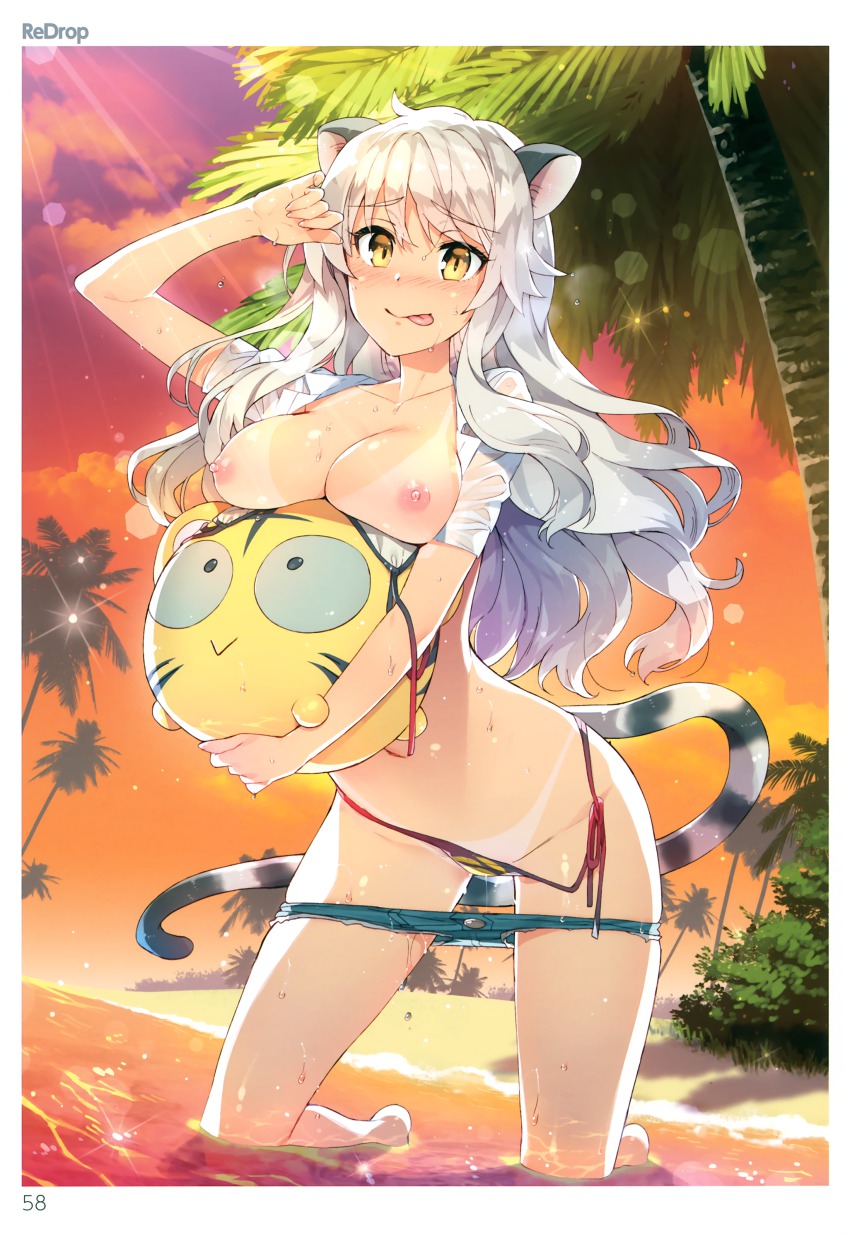1girl :p absurdres animal_ears ball beach beachball bikini bikini_pull bikini_tan blush breasts breasts_out cat_ears cat_tail cleavage clothes_pull comic_toranoana cutoffs dojikko_pose female_focus highres kneeling kotora_(toranoana) leaning_forward lens_flare long_hair nipples nose_blush open_clothes open_shirt outdoors pants pants_pull partially_submerged redrop scan shirt short_shorts shorts shorts_pull side-tie_bikini_bottom sidelocks silver_hair solo sparkle sunlight sunset swimsuit tail tan tanline tiger_eaars tiger_ears tiger_tail tongue tongue_out toranoana wading wet wet_clothes wet_hair wet_shirt yellow_eyes