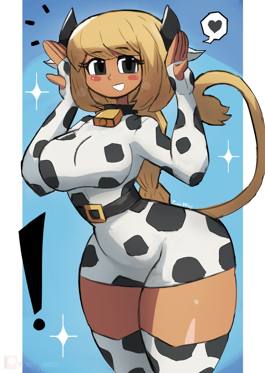 ! 1girl absurdres animal_ears animal_print arms_up bell belt black_belt black_eyes blonde_hair blue_background blush braid breasts collar cow_ears cow_girl cow_horns cow_print cow_tail cowbell dark_skin dress fingerless_gloves gloves grin heart highres horns large_breasts long_hair long_sleeves looking_at_viewer miu_(tony_welt) neck_bell original print_dress print_gloves print_thighhighs single_braid smile sparkle speech_bubble spoken_heart standing tail teeth thick_thighs thighhighs thighs tony_welt white_dress white_gloves white_thighhighs wide_hips