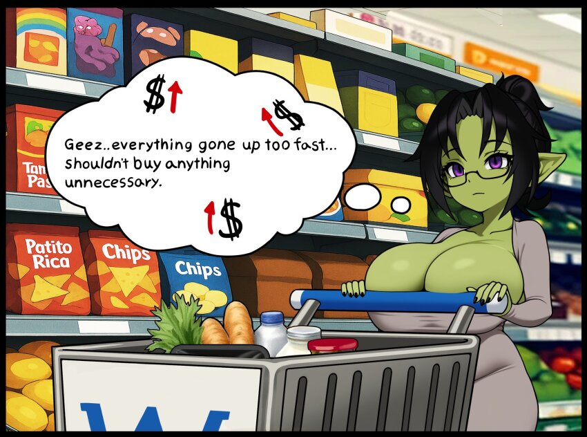 1girl beef breasts cleavage colored_skin dollar_sign dongtan_dress dress english_text female_goblin goblin green_skin grey_dress grimgrim groceries grocery_store highres huge_breasts large_ears long_pointy_ears meme_attire original pointy_ears purple_eyes scoop_neck shopping shortstack solo speech_bubble taut_clothes taut_dress thought_bubble tight_clothes tight_dress