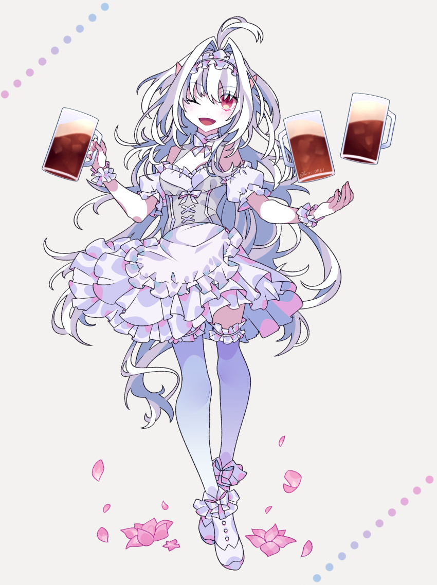 1girl absurdres ahoge alcohol beer beer_mug breasts cup fate/grand_order fate_(series) flower highres kujiramaru lady_avalon_(event_portrait)_(fate) lady_avalon_(fate) long_hair maid medium_breasts merlin_(fate/prototype) mug one_eye_closed open_mouth pink_eyes pink_flower simple_background thighhighs white_hair white_thighhighs