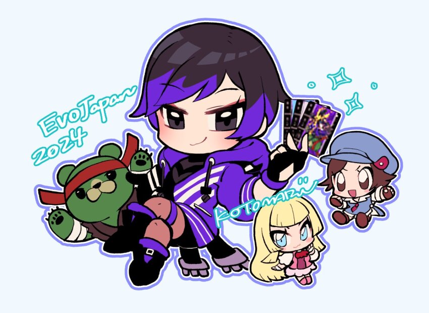 3girls :3 bear black_eyes blonde_hair blue_eyes blue_hat blue_outline blue_vest blunt_bangs blush boots brown_eyes brown_footwear brown_gloves brown_hair chibi chibi_only claws colored_tips crossed_legs emilie_de_rochefort evolution_championship_series eyeliner fingerless_gloves gloves grey_background hat headband holding hood hooded_jacket jacket kazama_asuka kotorai kuma_(tekken) looking_at_viewer makeup multicolored_hair multiple_girls no_nose outline pink_boots pink_shirt purple_jacket red_headband reina_(tekken) shirt short_hair skirt sparkle thigh_strap vest white_skirt