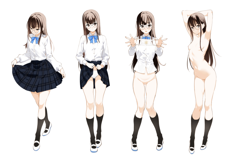 1girl armpits arms_up black_socks blue_bow blue_bowtie blue_skirt bottomless bow bowtie breasts brown_hair closed_mouth clothes_lift collared_shirt commentary_request commission completely_nude curtsey dot_mouth expressionless full_body glasses hands_up highres holding holding_panties holding_underwear holding_unworn_clothes knees_together_feet_apart lifting_own_clothes long_hair long_sleeves looking_at_viewer moonsorrow multiple_views navel nipples no_pussy nude open_mouth original panties pee_stain pigeon-toed pixiv_commission plaid_clothes plaid_skirt pleated_skirt presenting_removed_panties raised_inner_eyebrows ribs round_eyewear school_uniform shirt shirt_tucked_in shoes simple_background skirt skirt_lift small_breasts socks stained_panties standing stomach straight-on straight_hair underwear uwabaki white_background white_panties white_shirt white_shoes wing_collar wispy_bangs