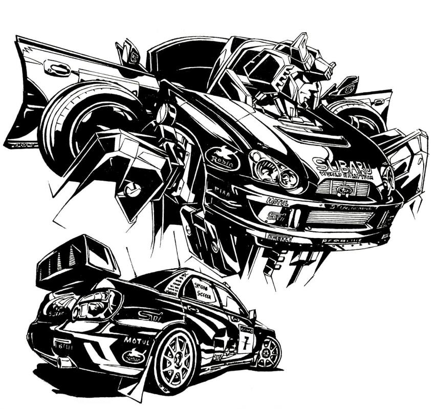 autobot car frown greyscale head_tilt highres mecha monochrome motor_vehicle motul_(company) piaa pirelli protected_link race_vehicle racecar radio_antenna rally_car reece_b_scott robot shadow simple_background smokescreen_(transformers) spoiler_(automobile) sponsor subaru_(brand) subaru_impreza transformers v-fin white_background world_rally_championship