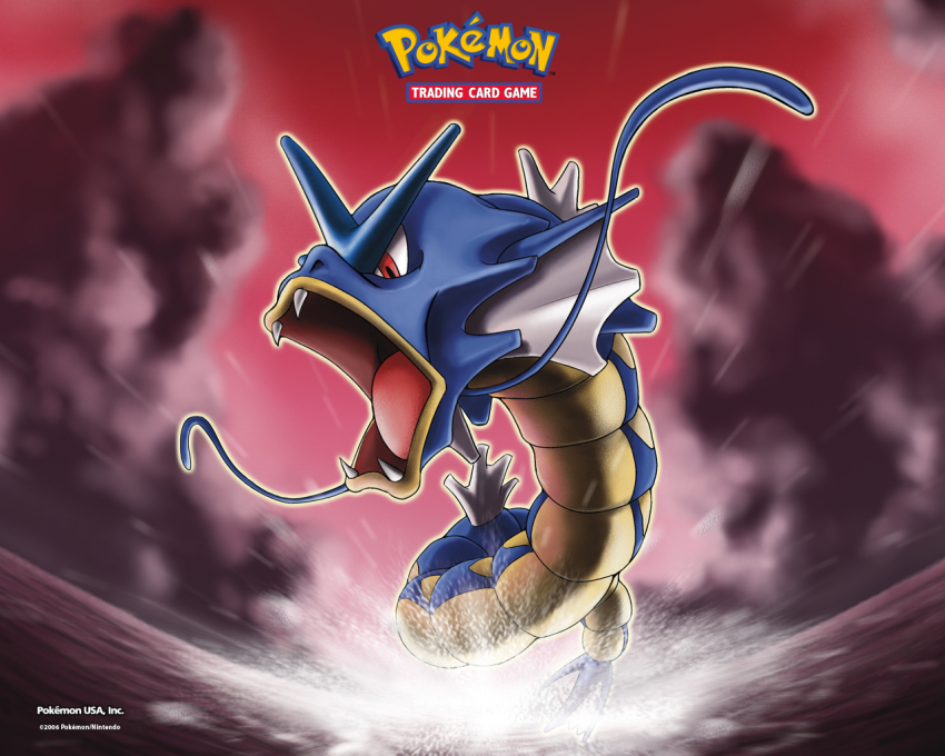 animal_focus archived_source artist_request blurry blurry_background company_name copyright_logo copyright_name copyright_notice fangs gen_1_pokemon gyarados nintendo no_humans official_art official_wallpaper open_mouth outline pokemon pokemon_(creature) pokemon_focus pokemon_tcg red_eyes second-party_source solo tongue water white_outline
