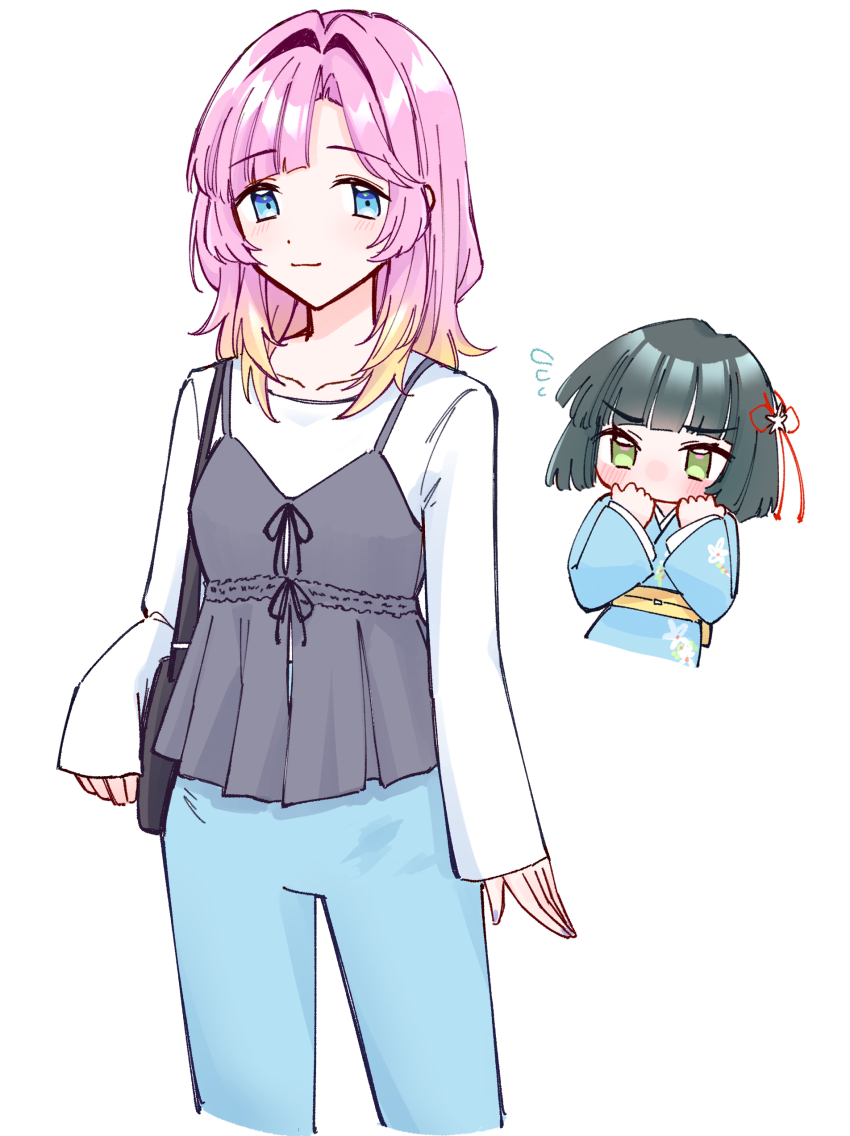 2girls absurdres alternate_costume alternate_hair_length alternate_hairstyle anyoji_hime bag black_bag black_camisole black_hair blonde_hair blue_eyes blue_kimono blue_pants blunt_bangs blunt_ends blush bob_cut camisole camisole_over_clothes chibi chibi_inset closed_mouth cowboy_shot flower flower_knot flying_sweatdrops gradient_hair green_eyes hair_flower hair_intakes hair_ornament handbag highres japanese_clothes kimono link!_like!_love_live! long_hair long_sleeves looking_at_viewer love_live! momose_ginko momose_ginko_(summer_casual) multicolored_hair multiple_girls obi obijime official_alternate_costume pants pink_hair sash shirt short_hair simple_background sleeves_past_wrists smile solo_focus standing swept_bangs two-tone_hair v-shaped_eyebrows virtual_youtuber white_background white_flower white_shirt yellow_sash zangemiya