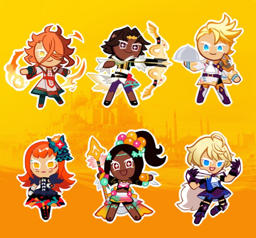 3boys 3girls black_dress bow_(weapon) brown_hair bunet_(fire_emblem) cookie_run cookie_run:_kingdom crossover dark-skinned_female dark_skin dr_metagross dress eyeshadow fire_emblem fire_emblem_engage fogado_(fire_emblem) highres holding holding_bow_(weapon) holding_polearm holding_weapon makeup merrin_(fire_emblem) multiple_boys multiple_girls nintendo orange_hair pandreo_(fire_emblem) panette_(fire_emblem) pearl_anklet pearl_belt pearl_hair_ornament pink_eyeshadow polearm ponytail star-shaped_pupils star_(symbol) symbol-shaped_pupils timerra_(fire_emblem) weapon yellow_eyeliner yellow_eyes