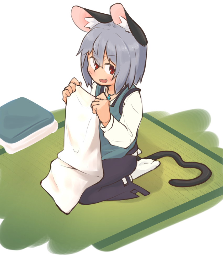 1girl absurdres animal_ear_fluff animal_ears apron blue_apron blush commentary_request folding_clothes full_body greenpiecerice grey_hair grey_skirt grey_vest hair_between_eyes highres layered_clothes long_sleeves looking_at_viewer mouse_ears mouse_girl mouse_tail nazrin open_mouth red_eyes seiza shirt short_hair sitting skirt skirt_set smile solo tail tatami touhou vest white_shirt