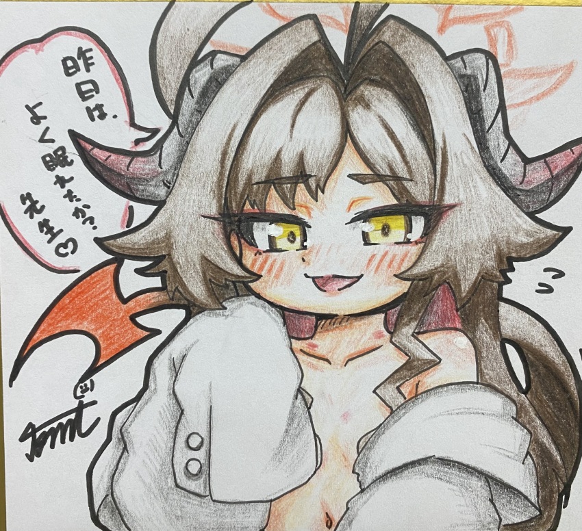 1girl absurdres ahoge blue_archive commentary_request flat_chest hair_intakes halo highres horns kasumi_(blue_archive) red_halo shikishi solo speech_bubble tomimon traditional_media translation_request yellow_eyes