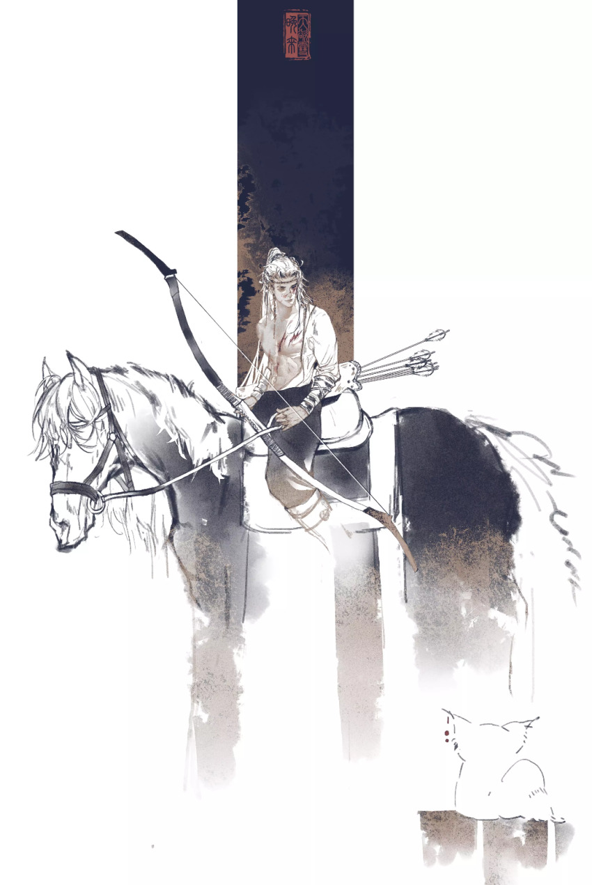 1boy animalization arrow_(projectile) bare_pectorals blood blood_on_chest blood_on_face boots bow_(weapon) braid bridle closed_mouth earrings facial_scar fox headband high_ponytail highres holding holding_bow_(weapon) holding_weapon horse horseback_riding injury jewelry limited_palette long_hair looking_at_another male_focus muscular muscular_male open_clothes panties pectorals ponytail qiang_jin_jiu quiver reins riding saddle scar scar_on_cheek scar_on_face shen_zechuan simple_background single_earring solo spiderthread third-party_source underwear weapon xiao_chiye