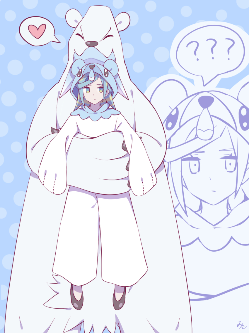 1boy ? ?? aqua_eyes aqua_hair beartic blue_background brown_footwear carrying closed_mouth commentary_request cosplay cubchoo cubchoo_(cosplay) eyelashes gen_5_pokemon grusha_(pokemon) heart highres hood hood_up male_focus min_(myna8247) nintendo onesie pokemon pokemon_(creature) pokemon_sv shoes sideways_glance spoken_heart zoom_layer