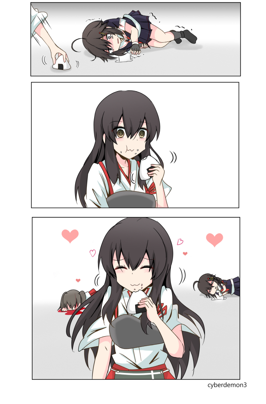akagi_(kancolle) black_serafuku blood braid comic cyberdemon_no3 food hair_flaps hair_over_shoulder hakama hakama_short_skirt hakama_skirt heart highres injury japanese_clothes kantai_collection long_hair multiple_girls muneate onigiri remodel_(kantai_collection) school_uniform serafuku shigure_(kancolle) single_braid skirt stomach_stomp straight_hair tears translation_request vomit zuikaku_(kancolle)
