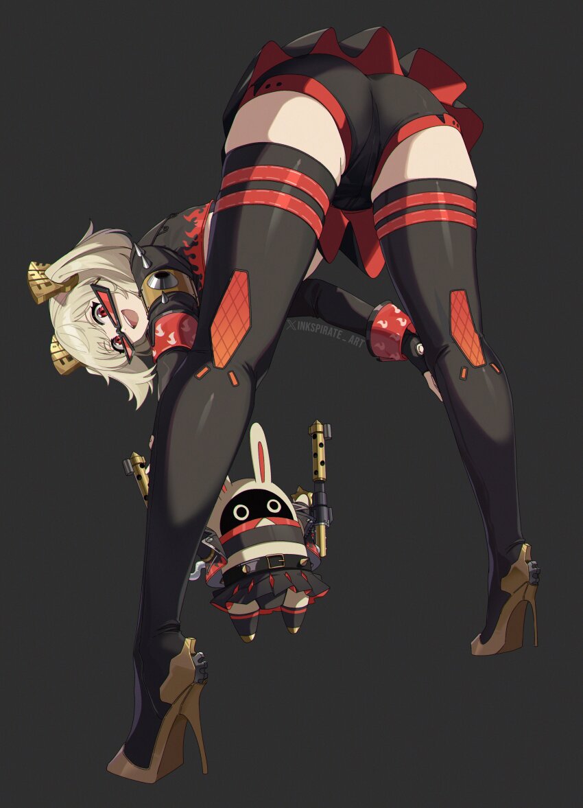 1girl :d absurdres artist_name ass bangboo_(zenless_zone_zero) bent_over black_jacket black_shorts boots burnice_white burnice_white_(cosplay) commentary cosplay crop_top flame_print from_behind full_body grey_background high_heels highres inkspirate jacket looking_at_viewer open_mouth orange-tinted_eyewear shorts simple_background skindentation smile solo spiked_jacket stiletto_heels strapless sunglasses thigh_boots thighs tinted_eyewear tube_top twitter_username zenless_zone_zero