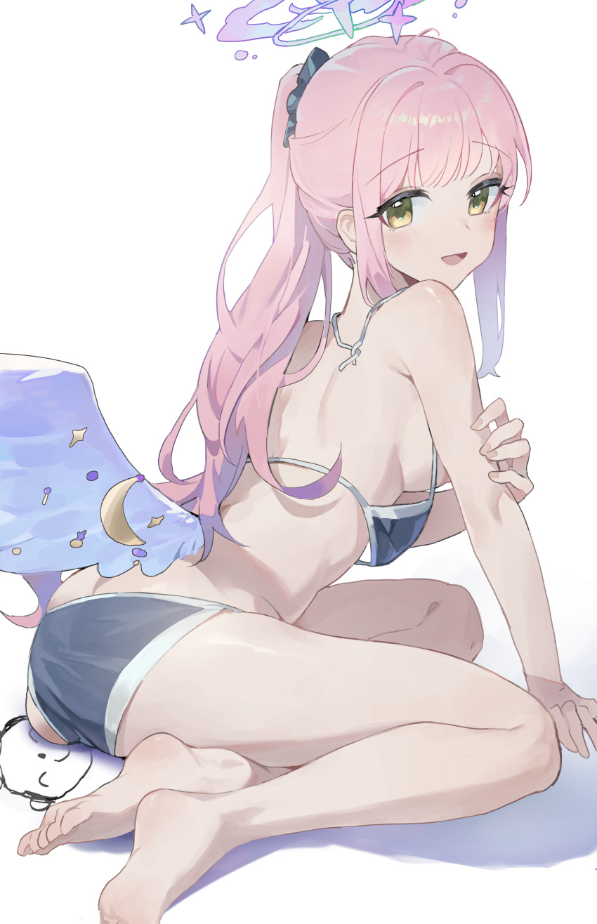 1girl absurdres angel_wings back backboob bare_back bare_legs bare_shoulders barefoot bikini black_bikini black_scrunchie blue_archive breasts commentary doodle_sensei_(blue_archive) feathered_wings feet hair_ornament hair_scrunchie halo high_ponytail highres legs looking_at_viewer looking_back low_wings medium_breasts mika_(blue_archive) monky nipples petite pink_hair pink_halo ponytail scrunchie sensei_(blue_archive) simple_background sitting soles spaghetti_strap swimsuit thighs toes untied_bikini white_background white_wings wings yellow_eyes