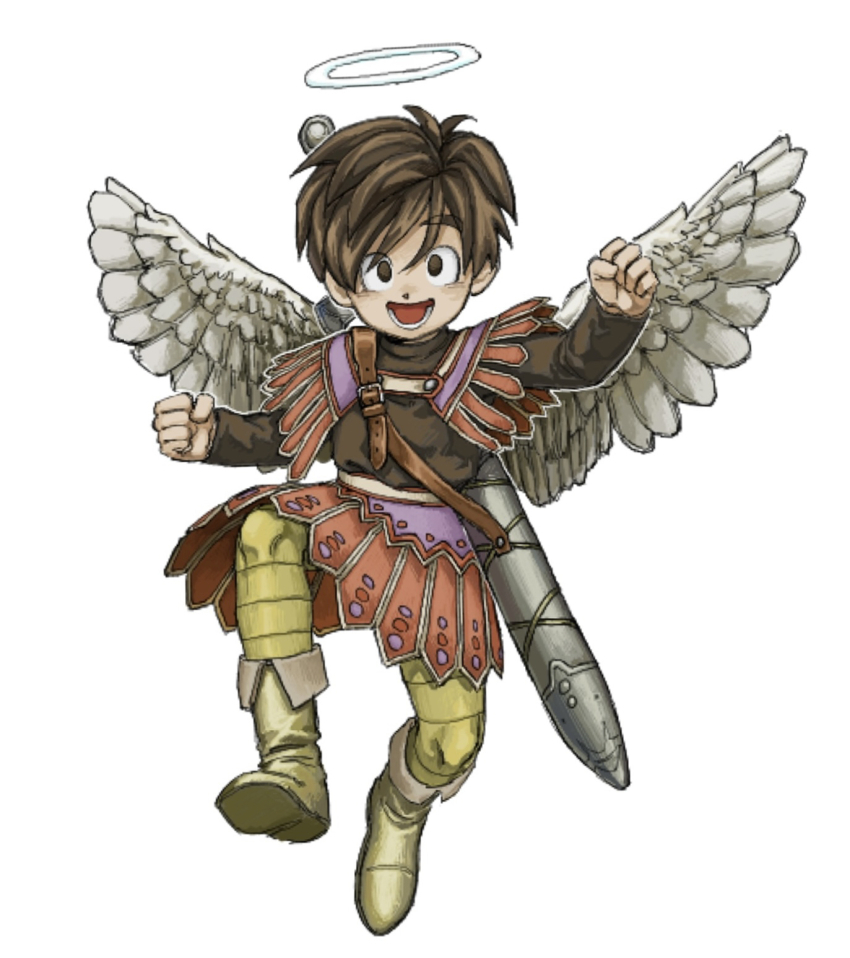 1boy :d angel angel_wings arm_up boots brown_boots brown_eyes brown_hair brown_shirt capelet clenched_hands commentary_request dragon_quest dragon_quest_ix feathered_wings full_body green_leggings halo hero_(dq9) highres leggings looking_at_viewer male_focus nogo_(nogo_059) open_mouth shirt short_hair smile striped_leggings sword sword_on_back weapon weapon_on_back white_background white_halo white_wings wings