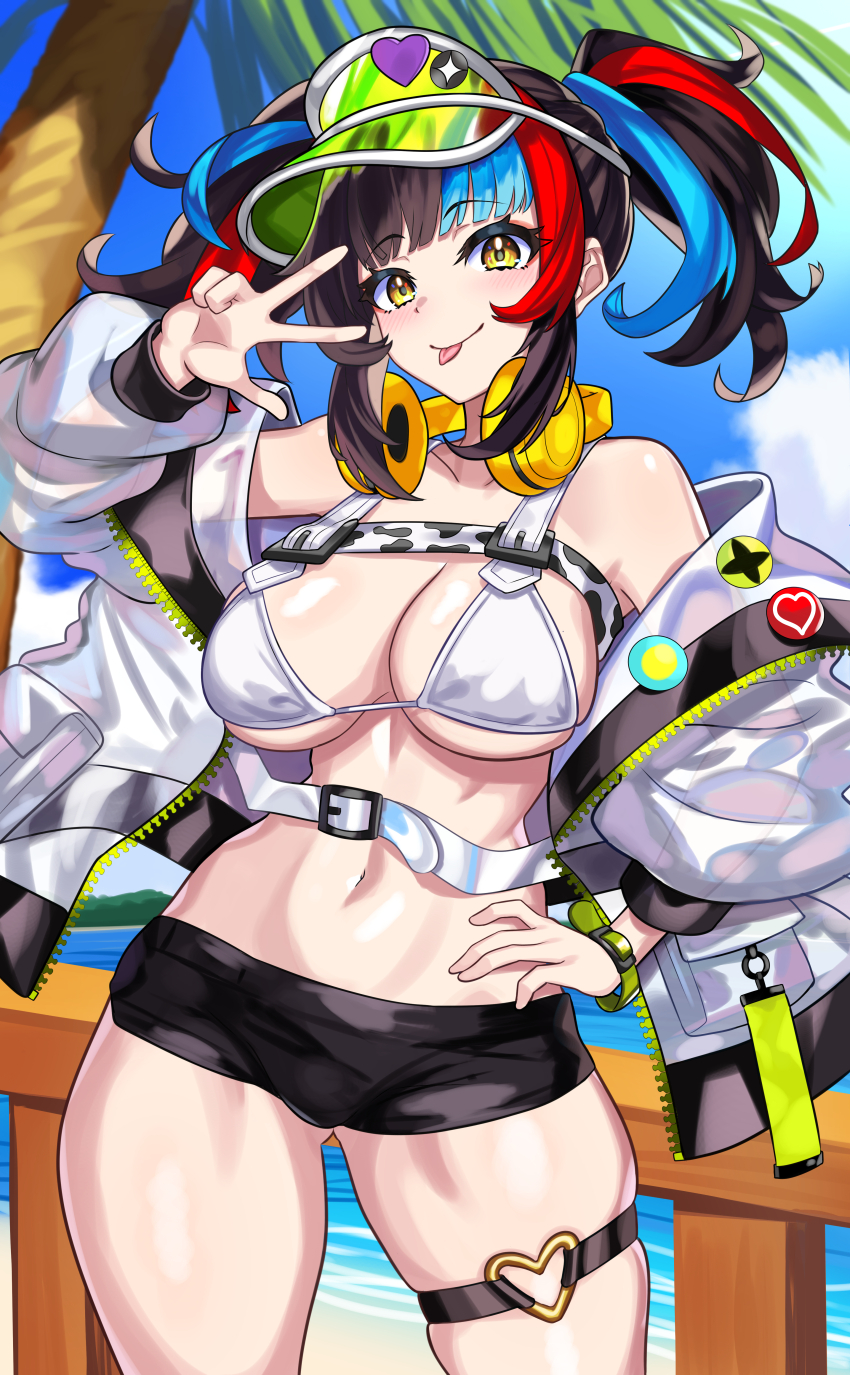 1girl absurdres bikini breasts fate/grand_order fate_(series) hand_on_own_hip headphones headphones_around_neck highres jacket large_breasts micro_shorts multicolored_hair navel nez-box sei_shounagon_(fate) sei_shounagon_(swimsuit_berserker)_(fate) sei_shounagon_(swimsuit_berserker)_(first_ascension)_(fate) shorts swimsuit thigh_strap tongue tongue_out twintails v visor_cap white_bikini white_jacket yellow_eyes