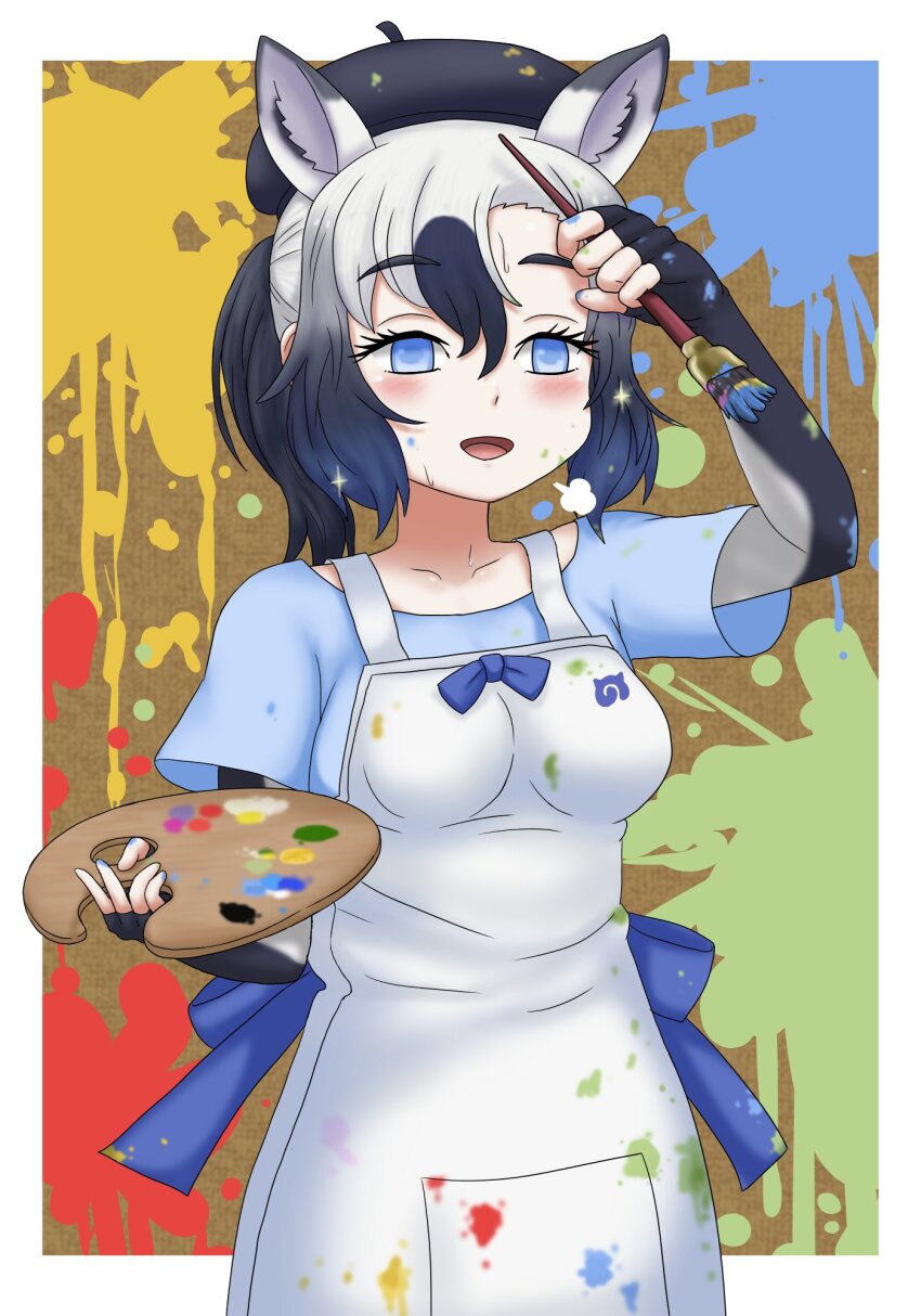 adansosutega animal_ears apron back_bow beret black_gloves black_hair black_hat blue_bow blue_eyes blue_hair blue_shirt blush bow elbow_gloves fingerless_gloves gloves grey_gloves grey_hair hat highres horse_ears horse_girl horse_tail kemono_friends kemono_friends_3 multicolored_hair open_mouth paint_palette paint_splatter paint_splatter_on_face paint_stains paintbrush ponytail shirt short_sleeves smile t-shirt tail tarpan_(kemono_friends) two-tone_gloves white_apron white_hair wiping_forehead