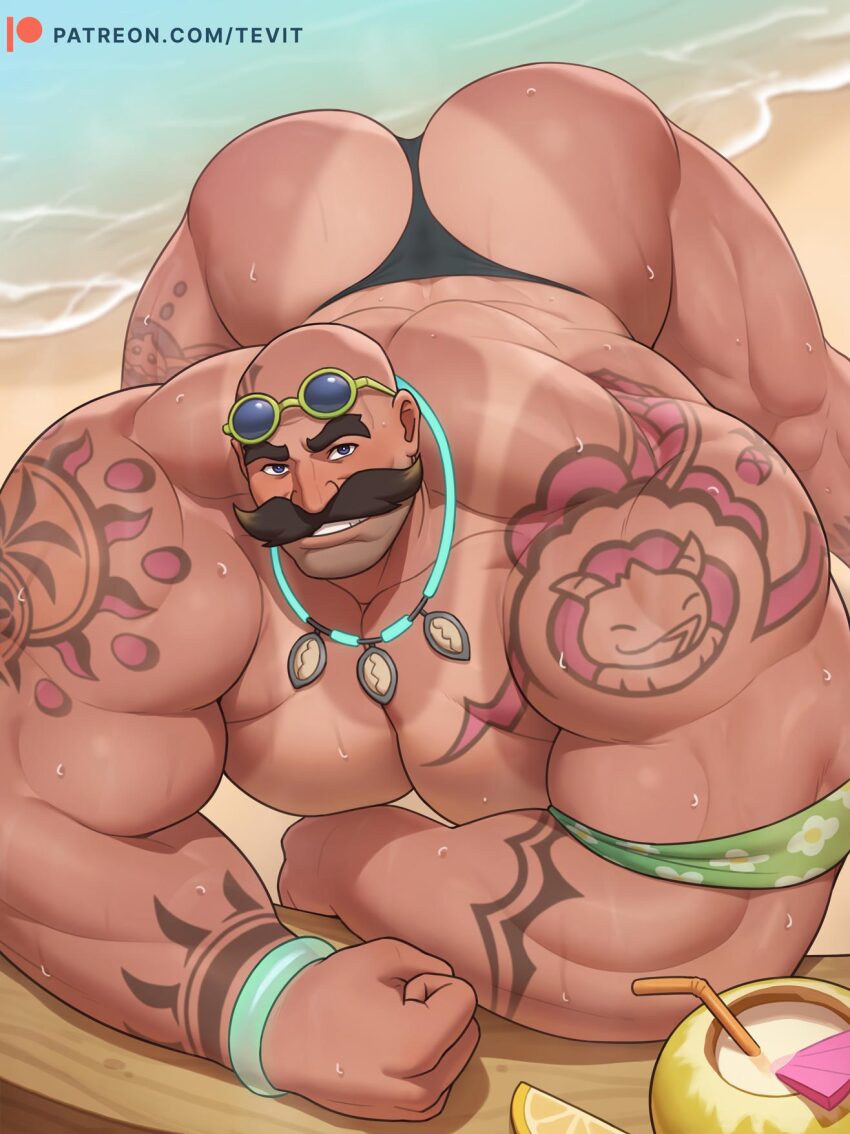 1boy arm_tattoo ass bald bara braum_(league_of_legends) eyewear_on_head facial_hair highres jewelry large_pectorals league_of_legends looking_at_viewer male_focus muscular muscular_male mustache necklace official_alternate_costume paid_reward_available pectorals pool_party_braum smile solo sunglasses tattoo tevit_(tevit15) thong