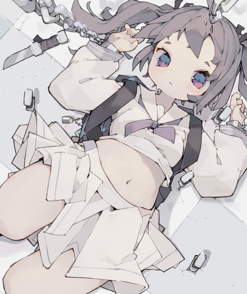 1girl absurdres blush bow bowtie breasts brown_hair chain commentary_request cuffs dated_commentary from_above highres knife long_hair long_sleeves lying navel nep_(nep_76) on_back original parted_lips pleated_skirt purple_bow purple_bowtie red_eyes sailor_collar sailor_shirt school_uniform serafuku shackles shirt skirt small_breasts solo sweat twintails white_serafuku white_shirt white_skirt