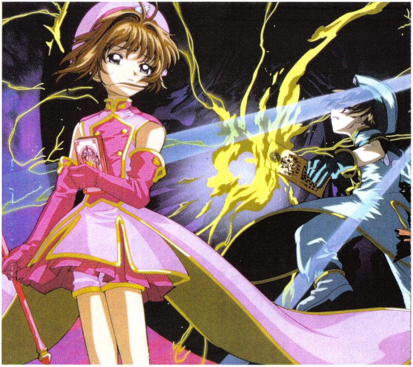 ahoge brown_hair card_(object) cardcaptor_sakura clamp clow_card fighting green_outfit kinomoto_sakura li_syaoran official_art pink_outfit scan short_hair wand