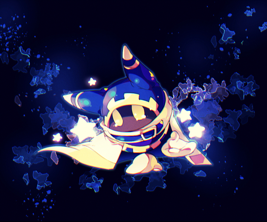 animal_ears belt belt_buckle belt_collar black_background blue_belt blue_hood buckle cape collar commentary_request covered_mouth crying crying_with_eyes_open ear_covers gear_print gloves kirby_(series) light_particles magolor nintendo no_humans paint_splatter petals rayman_limbs sad scarf shirushiki solid_oval_eyes solo star_(symbol) teardrop tears white_cape white_gloves white_scarf yellow_eyes