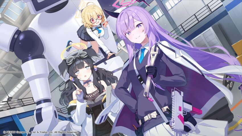 3girls ahoge animal_ears avant_garde_(blue_archive) black_hair blonde_hair blue_archive blue_eyes blue_necktie blush braid breasts bright_pupils choker cleavage collared_shirt dog_ears dog_girl dog_tail eyewear_on_head floating_headgear gloves goggles goggles_on_head gun halo headgear hibiki_(blue_archive) highres holding holding_wrench index_finger_raised kotori_(blue_archive) large_breasts long_hair long_sleeves looking_at_viewer momomoi_momoi multiple_girls necktie official_art open_mouth purple_eyes purple_hair red_eyes robot shirt skirt smile submachine_gun tail utaha_(blue_archive) weapon white_pupils wrench yellow_halo