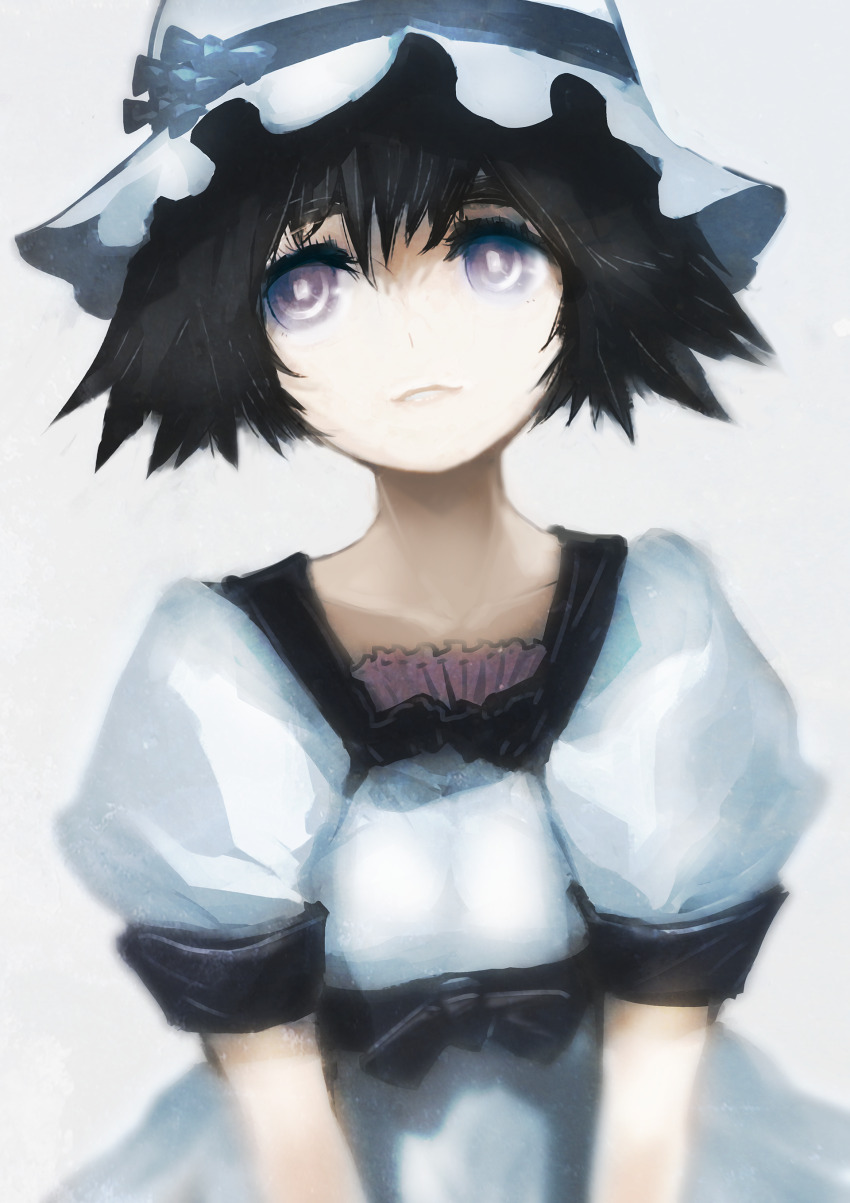1girl absurdres aqua_eyes black_bow black_hair black_sash black_trim blue_dress blue_eyes blue_hat bob_cut bow chest_bow collar collarbone dress frilled_collar frilled_hat frills grey_eyes grin hat highres huke looking_up medium_hair official_art parted_lips pink_frills pink_lips puffy_short_sleeves puffy_sleeves ribbon ringed_eyes sash shiina_mayuri shiny_lips short_hair short_sleeves smile solo square_pupils steins;gate steins;gate:_my_darling&#039;s_embrace tareme waist_sash white_background