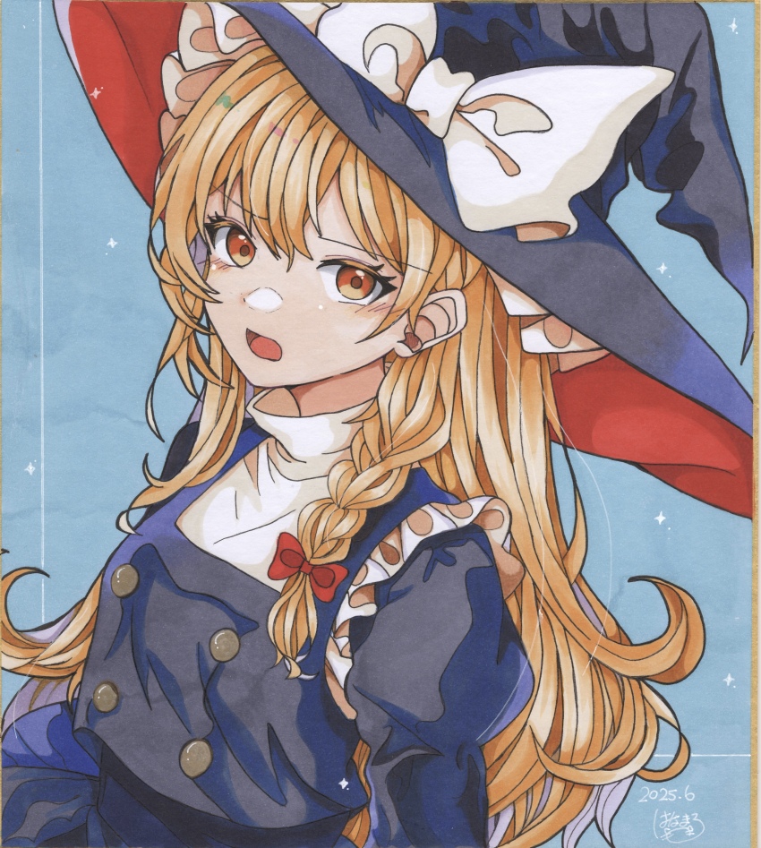 1girl 870hanamarumomo absurdres blonde_hair bow braid dated hair_bow hat hat_bow highres kirisame_marisa open_mouth orange_eyes red_bow side_braid signature solo touhou traditional_media white_bow witch_hat