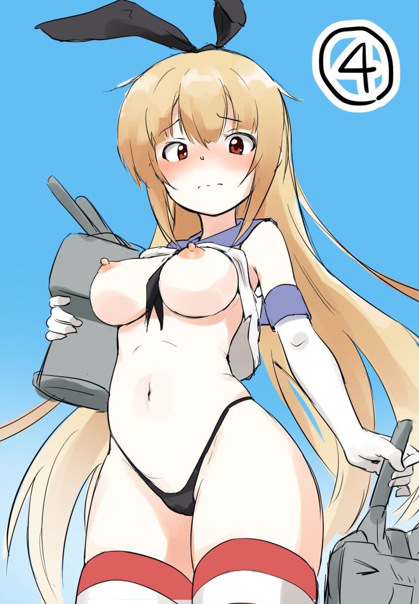 &gt;_&lt; 1girl 3: animal_ears arihara_nanami arm_at_side bare_shoulders black_neckerchief black_panties black_ribbon blonde_hair blue_background blue_sailor_collar blush breasts breasts_out carrying carrying_under_arm closed_mouth clothes_lift commentary_request cosplay cowboy_shot curvy elbow_gloves embarrassed fake_animal_ears from_below gloves hair_between_eyes hair_ribbon highres kantai_collection large_breasts long_hair looking_at_viewer looking_down lsizessize navel neckerchief neckerchief_between_breasts nipples nose_blush panties rabbit_ears red_eyes rensouhou-chan ribbon riddle_joker sailor_collar shimakaze_(kancolle) shimakaze_(kancolle)_(cosplay) shirt shirt_lift sidelocks simple_background sketch sleeveless sleeveless_shirt solo split_mouth stomach straight_hair striped_clothes striped_thighhighs thighhighs thighs thong underwear very_long_hair white_gloves white_shirt