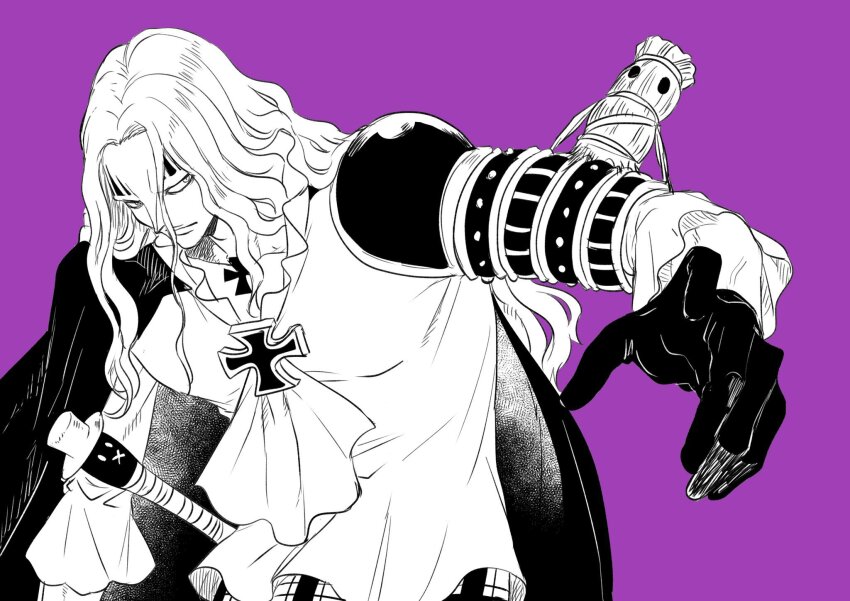 1boy armor basil_hawkins cape closed_mouth cross cross_patty facial_mark frilled_shirt frills gloves highres long_hair long_sleeves matsurika_0707 monochrome one_piece pauldrons purple_background shirt shoulder_armor single_pauldron solo v-shaped_eyebrows weapon white_shirt