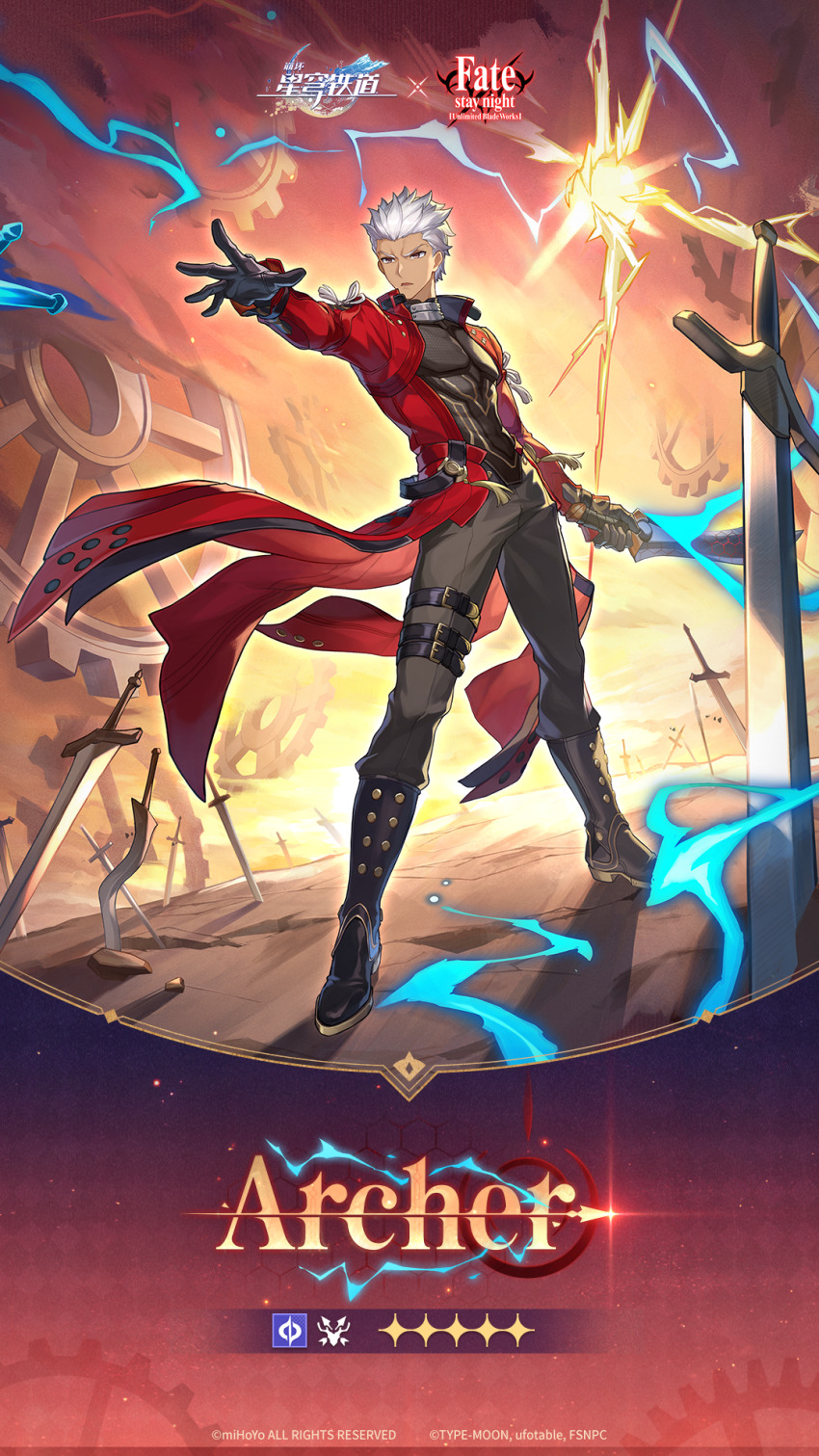 1boy archer_(fate) belt black_belt black_boots black_gloves black_shirt boots coat crossover dark_skin fate/stay_night fate/unlimited_blade_works fate_(series) full_body gears gloves grey_hair grey_pants highres holding holding_sword holding_weapon honkai:_star_rail honkai_(series) male_focus official_art open_clothes open_coat pants red_coat shirt solo standing sword thigh_belt thigh_strap unlimited_blade_works_(reality_marble) weapon