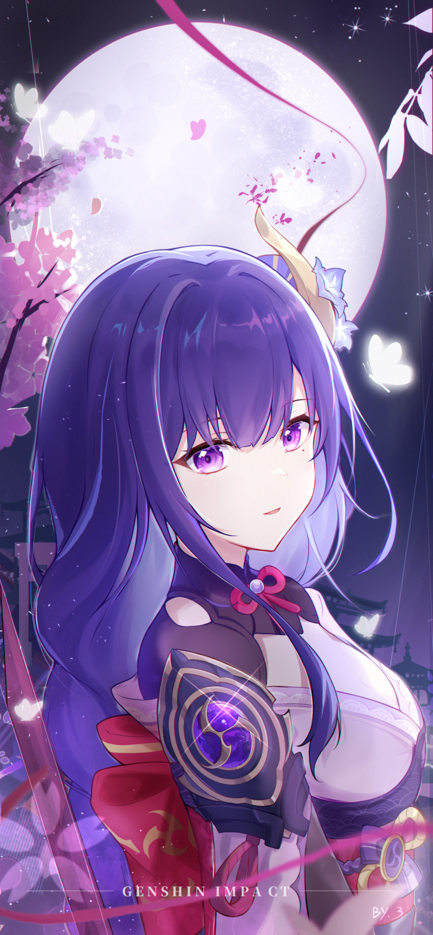 1girl absurdres armor back_bow bai_qiangwei blunt_bangs bow braid branch breasts bridal_gauntlets bug butterfly cherry_blossoms clothing_cutout commentary_request falling_petals fan_hair_ornament flower_ornament from_side full_moon genshin_impact glowing_butterfly gradient_hair hair_ornament highres insect japanese_clothes kimono large_breasts long_braid looking_at_viewer looking_to_the_side mole mole_under_eye moon multicolored_hair night night_sky off_shoulder open_mouth outdoors petals pink_petals purple_eyes purple_hair purple_kimono raiden_shogun red_sash sash shoulder_armor shoulder_cutout single_braid sky solo star_(sky) tree