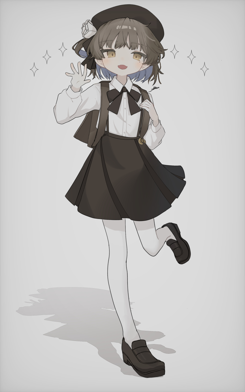 1girl absurdres beret black_bow black_footwear black_hat black_skirt bow brown_eyes brown_hair collared_shirt commentary_request fang flower grey_background hair_bow hat hatoba_tsugu highres long_sleeves looking_at_viewer medium_hair mole mole_under_eye nyanaya pantyhose shadow shirt shirt_tucked_in signature simple_background skin_fang skirt solo suspender_skirt suspenders tsugu_(vtuber) virtual_youtuber waving white_flower white_pantyhose white_shirt