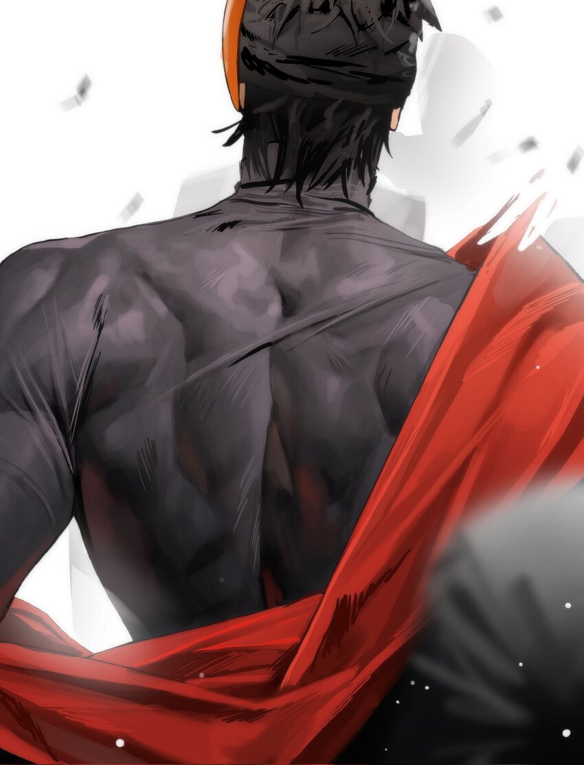 1boy akatsuki_uniform back back_focus black_hair from_behind highres male_focus mask masked_madara muscular muscular_male naruto_(series) naruto_shippuuden short_hair solo ssxssss_848 tobi_(naruto) toned toned_male uchiha_obito undressing upper_body