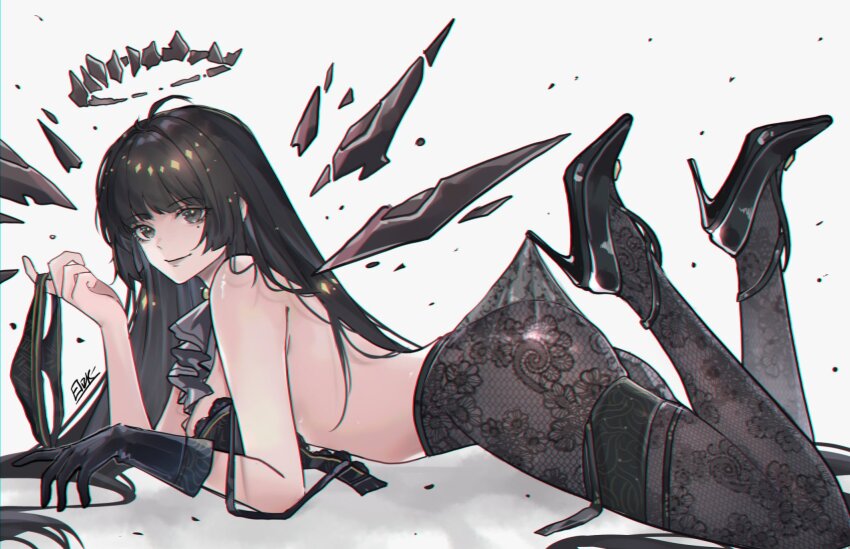 1girl arched_back arknights arm_support ascot ass black_bra black_eyes black_gloves black_hair black_halo black_panties black_pantyhose black_shoes blunt_bangs bra breasts broken_halo chromatic_aberration closed_mouth clothes_pull dark_halo detached_wings elizkras feet_up floral_print_pantyhose from_side full_body gloves halo hashtag-only_commentary high_heels highres holding holding_panties holding_underwear holding_unworn_clothes hooked_on_heel lace_pantyhose lace_pantyhose_hooked_on_heel_(meme) long_hair looking_at_viewer lying medium_breasts meme mole mole_under_eye no_panties on_stomach panties pantyhose pantyhose_pull photo-referenced shoes single_glove smile solo strap_slip the_pose underwear unworn_panties very_long_hair virtuosa_(arknights) white_background wings