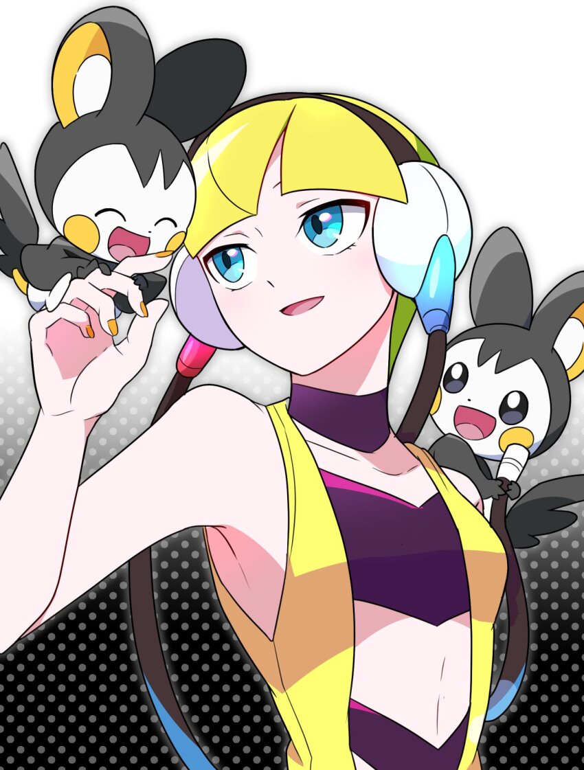 1girl arm_at_side bare_arms black_choker blonde_hair blue_eyes blunt_bangs breasts choker collarbone commentary_request dress elesa_(pokemon) emolga flying_squirrel gen_5_pokemon hand_up headphones highres low_neckline nintendo open_mouth pokemon pokemon_(creature) pokemon_bw quriltai short_dress short_hair sleeveless sleeveless_dress smile squirrel upper_body yellow_dress