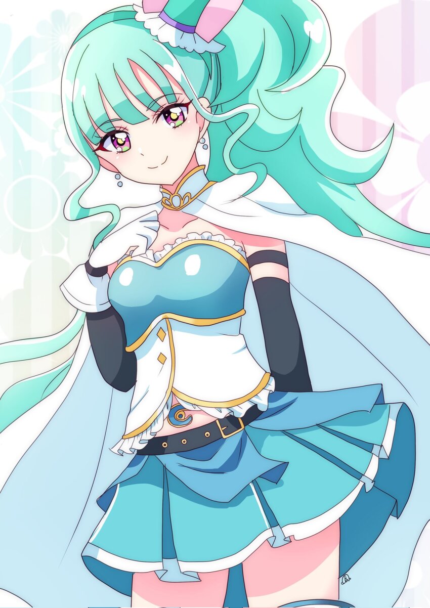 1girl alternate_costume aqua_hair belt belt_buckle black_belt black_sleeves blue_skirt buckle cape closed_mouth collarbone cosplay cowboy_shot cure_lillian detached_sleeves earrings gloves highres jewelry long_hair long_sleeves looking_at_viewer magical_girl mahou_shoujo_madoka_magica miki_sayaka miki_sayaka_(cosplay) miki_sayaka_(magical_girl) miniskirt momotarouooi nekoyashiki_mayu pleated_skirt precure red_eyes shirt side_ponytail skirt smile solo white_cape white_gloves white_shirt wonderful_precure!